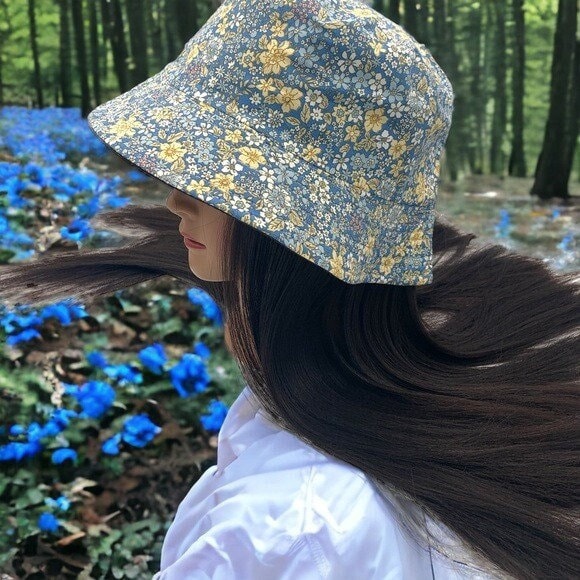 Slow Sage Two Tone Blue and Yellow Dainty Floral Print Reversible Bucket Hat OSFM