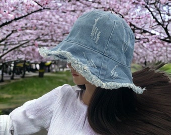 Slow + Sage Blue Jean Distressed Bucket Hat with Frayed Brim Denim Hair Accessory