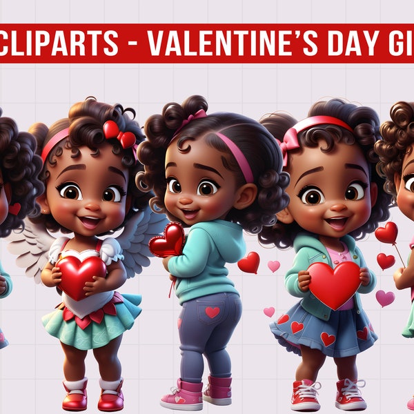 Valentine's girl clipart, African American St Valentine clipart, Little girl illustration, Valentine printable, sublimation, Commercial use