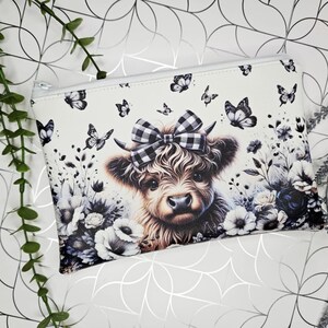 Bolsa de vinilo con diseño de vaca de las Tierras Altas, 6 x 9 pulgadas, diseño de vaca de granja en blanco y negro, estilo campestre, bolso, organizador de cartera
