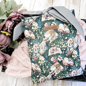 Floral und Buch Gesteppte Buchhülle, Bogen Verschluss, Kindle e-Reader-Hülle, Gepolsterte Buchträger, Diamant Quilt, Grün
