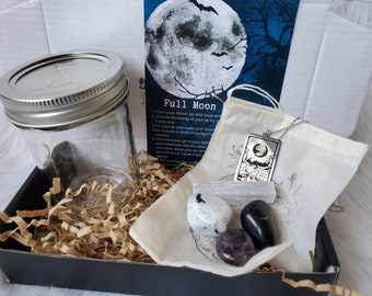 Full Moon Ritual Kit, Moon Water, Tarot Cards, moonstone, selenite, amethyst, tourmaline, beginner kit with instructions, witch, witchy gift