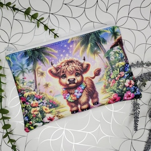 Bolsa de vinilo con diseño de vaca de las Tierras Altas, 6 x 9, con diseño de vaca floral hawaiana, tropical, bolsa, bolso, organizador de cartera