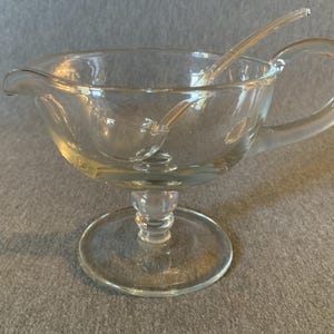 Beautiful Clear Glass Sauceboat on Pedestal with Ladle NIB!