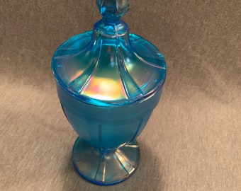 Vintage Fenton Celeste Blue Stretched Glas Deckeldose Bonbonglas in ausgezeichnetem Vintage Zustand!