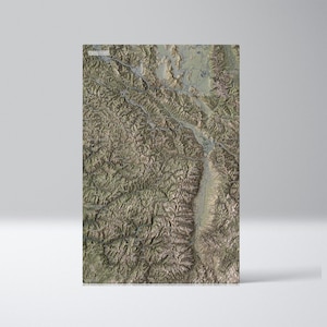 May include: A rectangular, three-dimensional map print with a detailed topographical representation. The map features shades of brown, tan, and green, depicting mountainous terrain and waterways. The print is mounted on a white surface.
