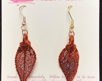 Real Leaf Jewelry, Copper Dipped Leaf Earrings, French Ear wires, Iridescent leaves, Leaves From Mother Nature, Natures Leaves, Willow Leaf