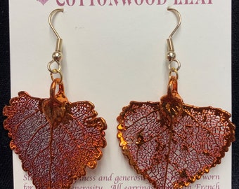 Real Leaf Jewelry Copper Dipped Leaf Earrings French Ear wires Iridescent leaves Leaves From Mother Nature Natures Leaves cottonwood Leaf