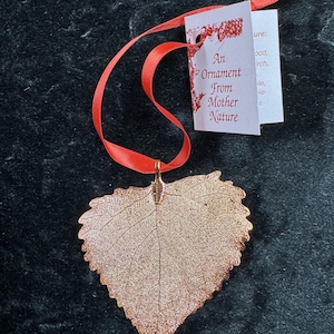 May include: A copper-colored leaf-shaped ornament with intricate veining, suspended by a red ribbon. The ornament is attached to a tag that reads "An Ornament From Mother Nature". The background is a dark, textured surface.