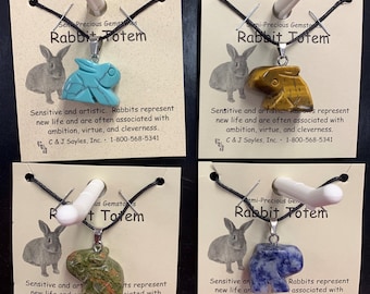 Rabbit Hand Carved Stone Figurine Gemstone Totem Necklace Fetish Necklace Critter Necklaces Gemstone Animal Necklace Spirit Fetish Necklace