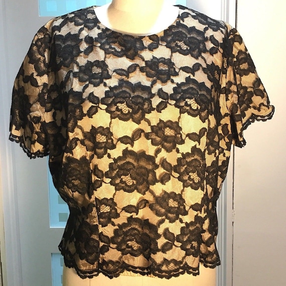 Vintage 40's 50's Black Netting Lace Nude Satin Li