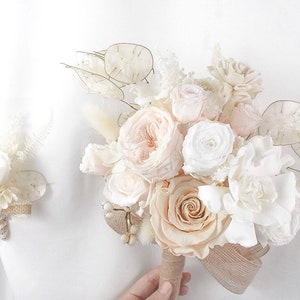 Preserved Wedding Bouquet and  Boutonniere.[White and Cream Color] Preserved flower bouquet, Preserved Flower Boutonniere.