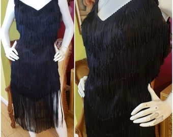 Vintage 1950s 1960s I Magnin Black Fringe Mini Flapper Dress