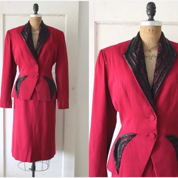 Vintage 1940s Fred A. Block Beaded  Fuchsia Peplum  Gabardine Suit Med