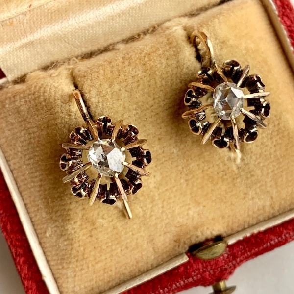 SOPHONISBA | Antieke Rose Cut Diamond gouden oorbellen | Dormeuse oorbellen | Natuurlijke antieke diamanten | Mooi roségoud | Heel speciaal
