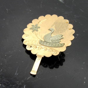 DU TEMPS PERDU / Broche de luto victoriano latón y plata de ley / Pájaro y flor grabados / Movimiento estético americano / Espalda soldada imagen 2