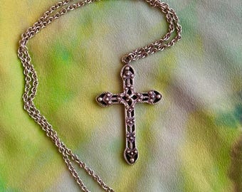 STUDDED CROSS | Vintage Large Sterling Silver Crucifix Pendant and Chain | Signed Vintage Pendant | Sterling Silver | Rolo Chain Included