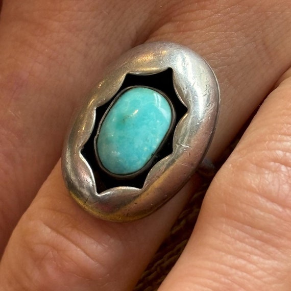 MERRYWEATHER | Vintage Mid-Century Turquoise Ring | Shadowbox Design | May Be Native American | Possibly Sleeping Beauty Turquoise Variety