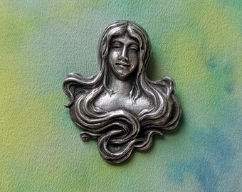LOIE / Broche/Colgante figurativo vintage o posiblemente antiguo en plata de ley / Estilo Art Nouveau / Hermosa doncella / Pieza de plata pesada