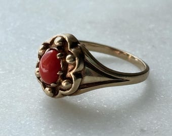 DEMELZA | Victorian Style Vintage Coral and Gold Ring | London Hallmark | Vivid Tomato Red Coral | Great Finger Coverage | Victorian Revival