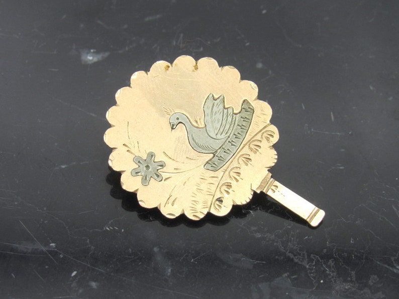 DU TEMPS PERDU / Broche de luto victoriano latón y plata de ley / Pájaro y flor grabados / Movimiento estético americano / Espalda soldada imagen 1