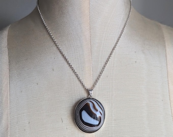 ZOILA | Antique HUGE Banded Agate and Silver Conversion Pendant | Victorian | Edwardian  | Brooch Conversion | Silver | Rolo Chain Included