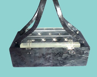 VINTAGE -  1950's Rhinestone Studded Clear Lucite and Grey Pearlescent Marbled Box Purse FABULOUS !