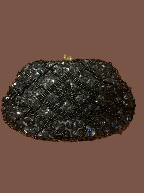 Vintage handmade sequin & beaded black rosary cas… - image 1