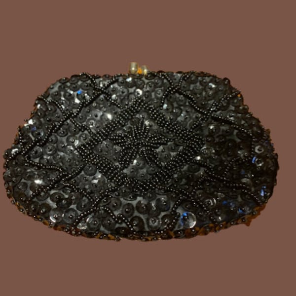 Vintage handmade sequin & beaded black rosary case holder purse/wallet ~ Made in Hong Kong