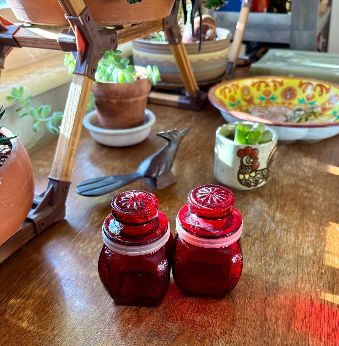 Vintage MCM Ruby Red Textured Glass Salt & Pepper Shakers Set - Mid ...
