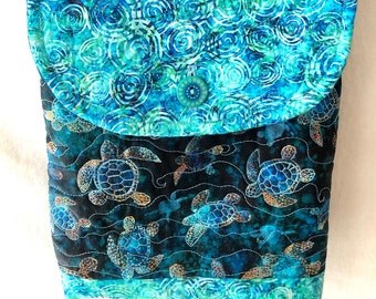 quilted backpack, crossbody purse, convertible, adjustable straps, sea turtle, batik, aqua, blue, teal, small women’s, inside pockets