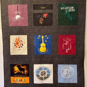 Memory quilt using T-shirts, neck ties, clothing, antique quilts made to order, custom embroidery, personalized, graduation, memorial