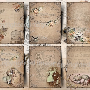 6 large printable Vintage Romantic Ephemera journaling cards scrapbook 3"x4 instant download digital collage sheet ATC Antique pocket cards
