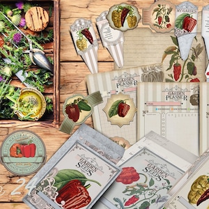 Paquete de jardín antiguo imprimible, serie Capsicum, planificador de jardines, paquete de semillas vintage, marcador de plantas, tarjeta de recetas, etiqueta de tarro, efímera botánica