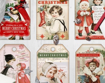 6 Vintage Victorian Shabby Christmas Labels, Christmas Gift Tags, Digital Download, Printable Ephemera, Digital Collage Sheet, Antique DIY