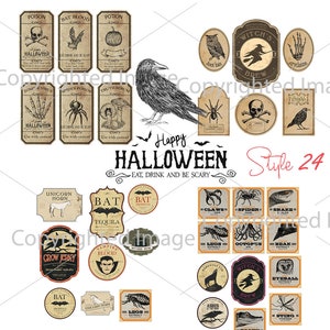 Może przedstawiać: Zestaw 24 etykiet halloweenowych w stylu vintage z różnymi przerażającymi obrazami, w tym nietoperzami, pająkami, czaszkami i miksturami. Etykiety są wydrukowane na beżowym tle z czarnymi i czerwonymi akcentami. Tekst na etykietach zawiera "Happy Halloween", "Eat, Drink and Be Scary" oraz różne nazwy mikstur, takie jak "Bat Blood", "Unicorn Horn" i "Witch's Brew".