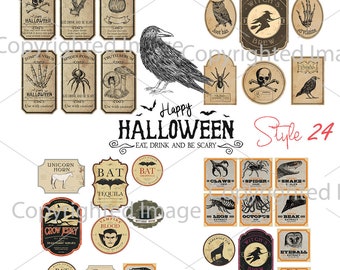 33 etiquetas diferentes de boticario vintage de Halloween, imprimibles, papel de poción, manualidades de terror, descarga instantánea, collage digital, botella DIY