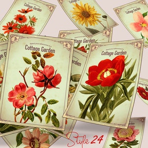 Bundle - 80 Antique Cottage Garden Botanical Vintage Flower Scrapbook Digital Collage 3" x 4 Journaling Cards printable Labels Vintage Tags