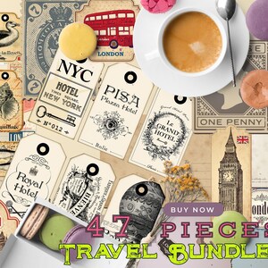 Pacote! Conjunto de viagem vintage 47 peças, etiquetas, etiquetas, cartões postais, selos, etiquetas de bagagem para mala, folha de colagem digital para impressão, Paris, Londres