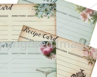 Floral Recipe Cards Set, Shabby Chic Printable (Digital Download)