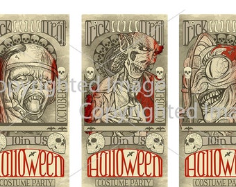 21 printable  Halloween Invitations Vintage Tickets Scary cards Zombie paper craft Horror scrapbooking instant download digital collage DIY