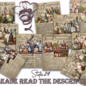 May include: A collection of eight vintage-style apothecary labels featuring various botanicals and their uses. Each label features a different plant, including Black Spruce, Myris, Atlas Cedarwood, Cypress, and Douglas Fir. The labels are illustrated with detailed drawings of the plants and their associated bottles.