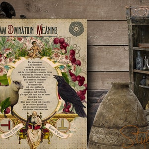 Puede incluir: Una ilustraci&oacute;n vintage de un cuervo, una oveja y un hombre con un libro. El texto dice "Ogham Divination Meaning: La floraci&oacute;n del espino blanco marca el final de la temporada y el nacimiento del invierno. Las ramas tienen un sabor peculiar de la naturaleza, como la frescura de la primavera. Las hermosas flores blancas dan su n&eacute;ctar donde las abejas y los cuervos encuentran el n&eacute;ctar, y el amor maternal por los ni&ntilde;os, no hay nada para los celtas que este amor maternal divino y su encanto. Fueron venerados y respetados como sacerdotes sagrados y or&aacute;culos, y una parte m&iacute;stica de la vida, en una expresi&oacute;n terrenal de la capacidad humana para amar. Animal Ogham Bird Ogham"