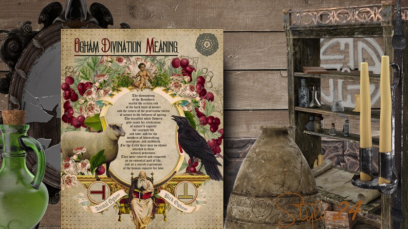 Puede incluir: Una ilustraci&oacute;n vintage de un cuervo, una oveja y un hombre con un libro. El texto dice "Ogham Divination Meaning: La floraci&oacute;n del espino blanco marca el final de la temporada y el nacimiento del invierno. Las ramas tienen un sabor peculiar de la naturaleza, como la frescura de la primavera. Las hermosas flores blancas dan su n&eacute;ctar donde las abejas y los cuervos encuentran el n&eacute;ctar, y el amor maternal por los ni&ntilde;os, no hay nada para los celtas que este amor maternal divino y su encanto. Fueron venerados y respetados como sacerdotes sagrados y or&aacute;culos, y una parte m&iacute;stica de la vida, en una expresi&oacute;n terrenal de la capacidad humana para amar. Animal Ogham Bird Ogham"
