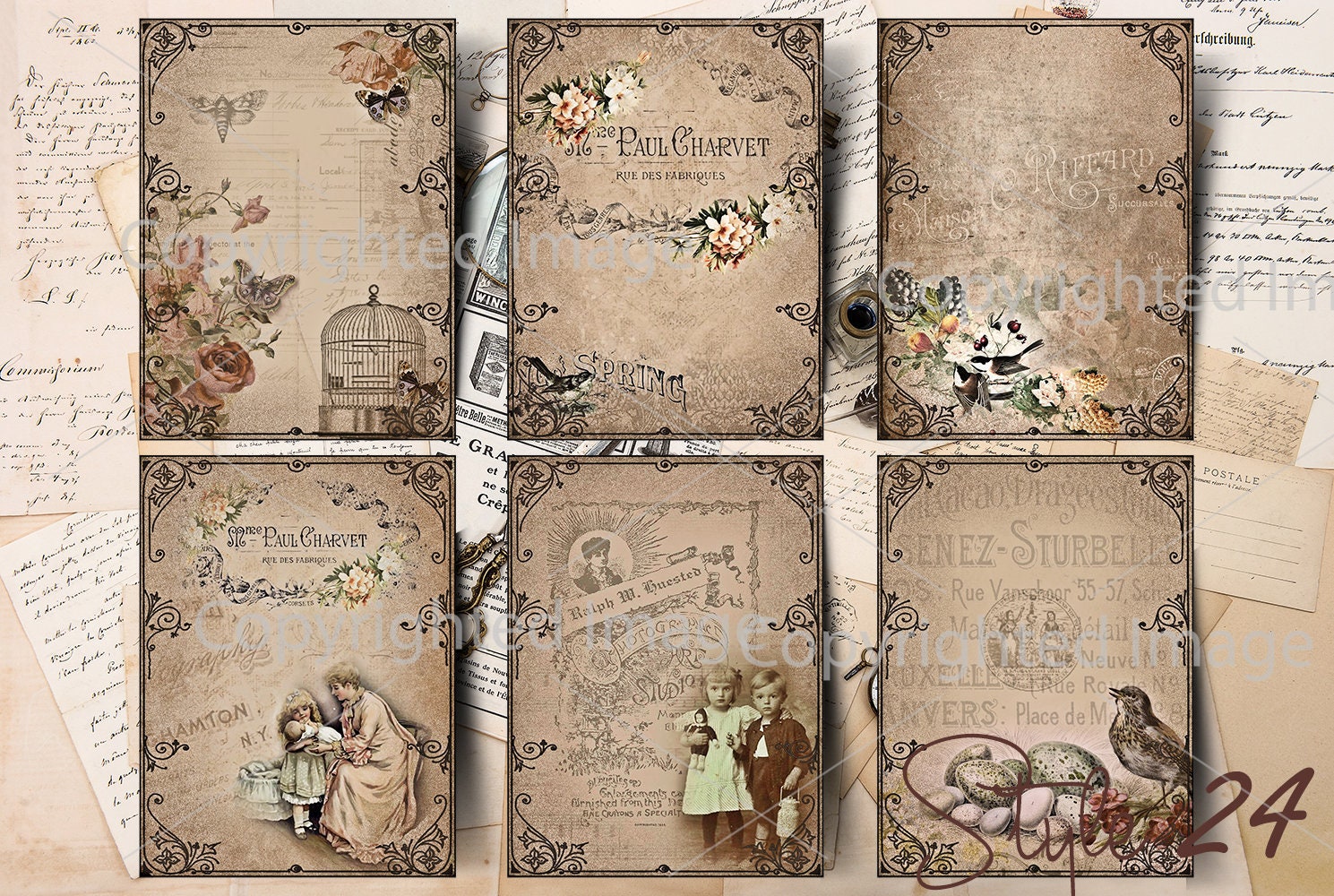 6 große druckbare Vintage romantische Ephemera Journaling Karten Scrapbook 3 "x 4 sofortiger Download digitale Collage Blatt ATC Antique Pocket Karten