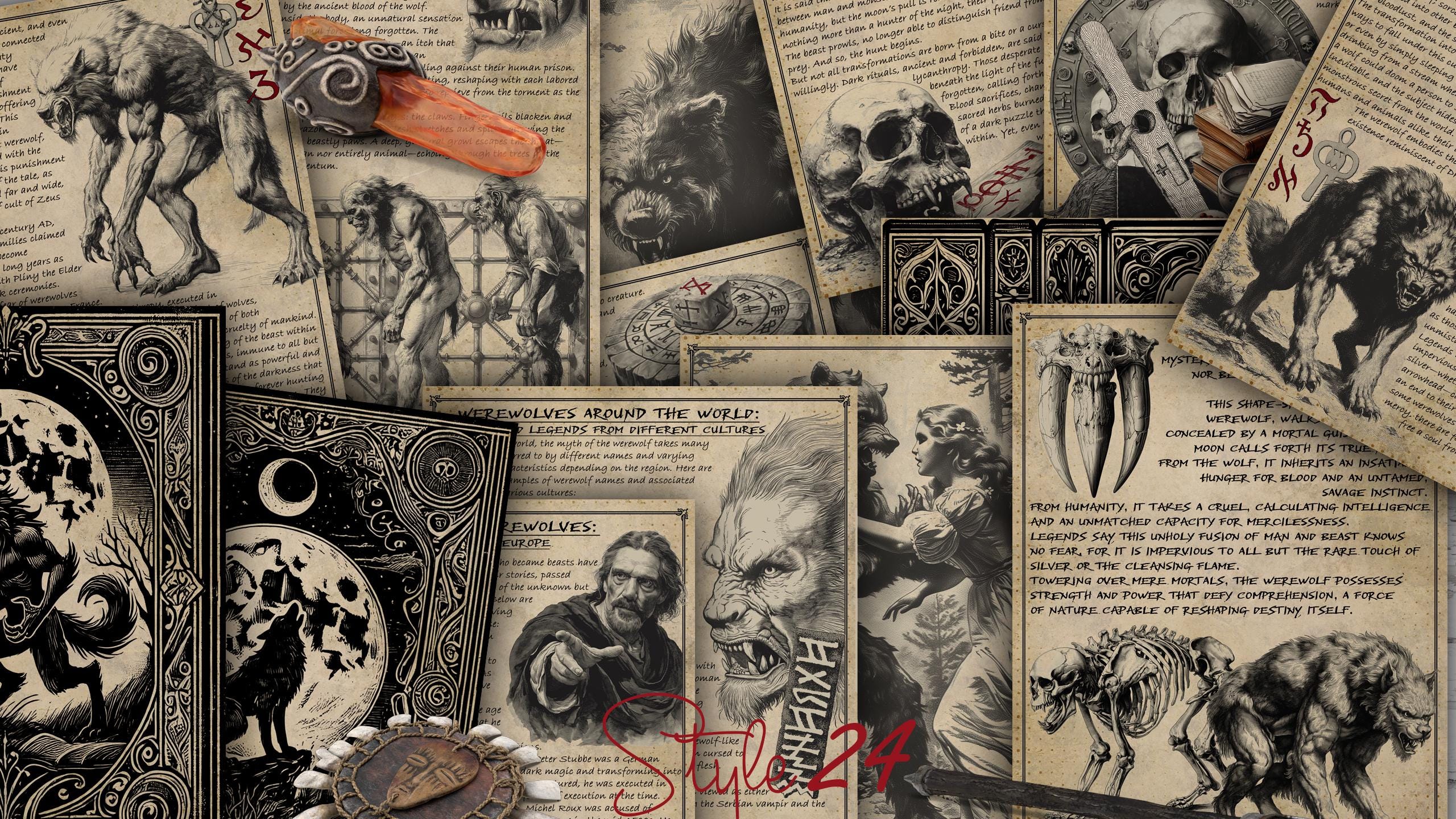 Werewolf-Themed Book Pages + Covers Set | 10 Pages + Front & Back Covers + 4 Spine  | Gothic Design |  BOS | Perfect for Halloween DIY