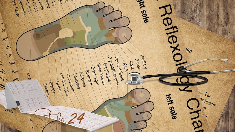 Puede incluir: Un gr&aacute;fico de reflexolog&iacute;a de estilo vintage con un estetoscopio en la parte superior. El gr&aacute;fico muestra los puntos de reflexolog&iacute;a en las plantas de los pies, con etiquetas para diferentes partes del cuerpo, incluyendo la pituitaria, la garganta, la nariz, el cuello, la columna cervical, la tiroides/bronquios, el es&oacute;fago, el plexo solar, el diafragma, el est&oacute;mago, las gl&aacute;ndulas suprarrenales, el p&aacute;ncreas, el duodeno, la columna lumbar, el ur&eacute;ter, la vejiga y el recto. El gr&aacute;fico est&aacute; etiquetado como "Reflexology Chart" y "left sole" y "right sole".