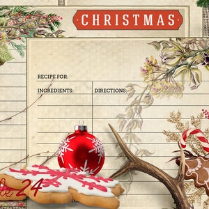 May include: A printable Christmas recipe card with a vintage design. The card features a floral border, a red bauble, gingerbread biscuits, and a stag antler. The text "CHRISTMAS" is printed in red at the top of the card. The card has lines for writing the recipe name, ingredients, and instructions.