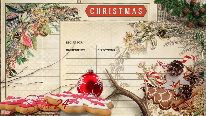 May include: A printable Christmas recipe card with a vintage design. The card features a floral border, a red bauble, gingerbread biscuits, and a stag antler. The text "CHRISTMAS" is printed in red at the top of the card. The card has lines for writing the recipe name, ingredients, and instructions.