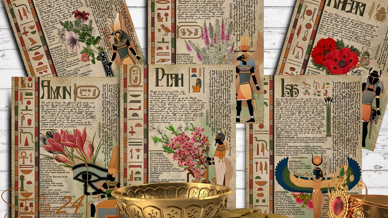 May include: A set of eight vintage-style cards featuring Egyptian gods and goddesses, each with a corresponding flower and hieroglyphs. The cards are printed on a textured paper with a faded, antique look.